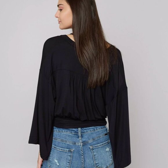 Free People Thats a Wrap Top Bell Sleeve Crop Top Bell Sleeve Knit Shirt Black - Picture 5 of 12